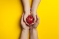 Saving life is heart transplant. Hands hold organ on yellow background, concept