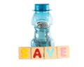 Saving money in blue dog as piggy bank Royalty Free Stock Photo