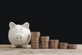 Saving money and business financial concept, white piggy bank and coin stacked of money look like graph Royalty Free Stock Photo