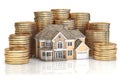 Saving money for buy a house for family. Real estate investments and mortgage concept. House and stack of coins