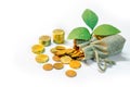 Saving money. Coins spilling out of money bag Royalty Free Stock Photo