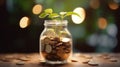 Saving Money concept for Business, Financial and Investment. Plant is growing in a jar with coins. Generative AI