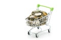 Saving money concept of collecting coins Thai money in a Shopping Cart on isolate white background. as background business conc