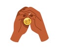 Saving money concept. Frugal thrifty hands holding, keeping dollar coin in palms. Financial economical concept. Finance