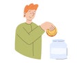 Saving money concept. Cartoon man putting a gold coin into a jar. Vector isolated flat illustration, people dealing with finance Royalty Free Stock Photo