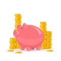 Saving money concept vector illustration. Pink piggy bank with golden coin piles on background Royalty Free Stock Photo