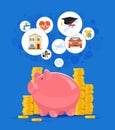 Saving money concept vector illustration. Pink piggy bank with golden coin piles on background Royalty Free Stock Photo