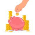 Saving money concept vector illustration. Pink piggy bank with golden coins piles on background. Human hand put coin Royalty Free Stock Photo