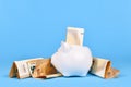 Saving money concept. White piggy bank with 50 Euro bills on blue background Royalty Free Stock Photo