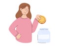 Saving money concept. Cartoon Woman putting a gold coin into a jar. Vector isolated flat illustration, people dealing with finance Royalty Free Stock Photo