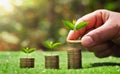 saving money hand putting coins on stack with small tree growing. concept finance and accounting Royalty Free Stock Photo