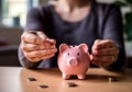 Saving money for house and real estate. Woman hand protecting on stack coins and house model on table. AI Generated Royalty Free Stock Photo