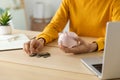 Saving money investment for future. Female woman hands holding pink piggy bank and putting money coin. Saving investment Royalty Free Stock Photo