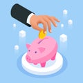 Saving money isometric concept. Piggy bank with falling gold coins.