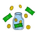 Saving money jar. Groovy vector illustration. Royalty Free Stock Photo