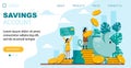 Saving money landing page - illustration with small pretty women, piggy bank, credit card.