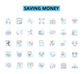 Saving money linear icons set. Frugality, Budgeting, Thriftiness, Discounts, Coupons, Bargains, Economy line vector and
