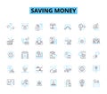 Saving money linear icons set. Frugality, Budgeting, Thriftiness, Discounts, Coupons, Bargains, Economy line vector and