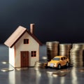 House model, car and coins on table. Real estate concept. with Generative AI Technology Royalty Free Stock Photo