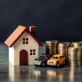 House model, car and coins on table. Real estate concept. with Generative AI Technology Royalty Free Stock Photo