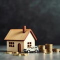 House model, car and coins on table. Real estate concept. with Generative AI Technology Royalty Free Stock Photo