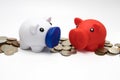 Saving money for a rainy day. Piggy banks on a white background. Savings and investments