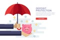 Saving and protection money deposit. Vector flat illustration of human hand holding piggy bank and red umbrella. Royalty Free Stock Photo