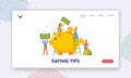 Saving Tips Landing Page Template. Tiny Men and Women Characters Put Money into Huge Piggy Bank. Concept of Deposit