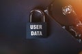 Saving user data. Hacking a password on a PC. Closing access to files. Hackers and secret data. HDD and key with lock.