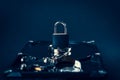 Saving user data. Hacking a password on a PC. Closing access to files. Hackers and secret data. HDD and key with lock.