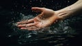 Saving The Water. Young open hand with water splash effect and water drops all around. Generative AI (300 Real DPI).