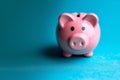 Savings aesthetics Pink piggy bank on blue background, minimalistic composition