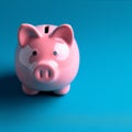 Savings aesthetics Pink piggy bank on blue background, minimalistic composition