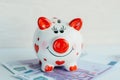 Funny piggy bank with money