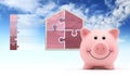 Savings concept, piggy bank with house shape and puzzle symbols, isolated on sky background, infographic for green buildings and Royalty Free Stock Photo