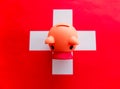 Savings concept. Piggy bank on top of Swiss flag