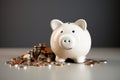 Savings concept white piggy bank with coins for a new home Royalty Free Stock Photo