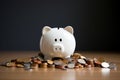 Savings concept white piggy bank with coins for a new home Royalty Free Stock Photo