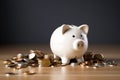 Savings concept white piggy bank with coins for a new home Royalty Free Stock Photo