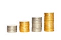 Savings, increasing columns of gold and silver coins isolated Royalty Free Stock Photo