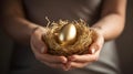 savings increasing saving concept egg golden nest hold carefully hands female.