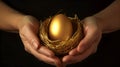 savings increasing saving concept egg golden nest hold carefully hands female