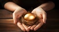 savings increasing saving concept egg golden nest hold carefully hands female.