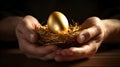 savings increasing saving concept egg golden nest hold carefully hands male.