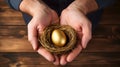 savings increasing saving concept egg golden nest hold carefully hands male.