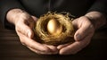 savings increasing saving concept egg golden nest hold carefully hands male