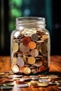 savings jar filled with coins and labeled Royalty Free Stock Photo