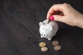 Savings, money, annuity insurance, retirement and people concept - close up of senior woman hand putting coin into piggy bank Royalty Free Stock Photo