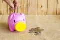 Savings money with hand putting coin into piggy bank Royalty Free Stock Photo