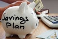 Savings Plan written on a side of piggy bank. Royalty Free Stock Photo